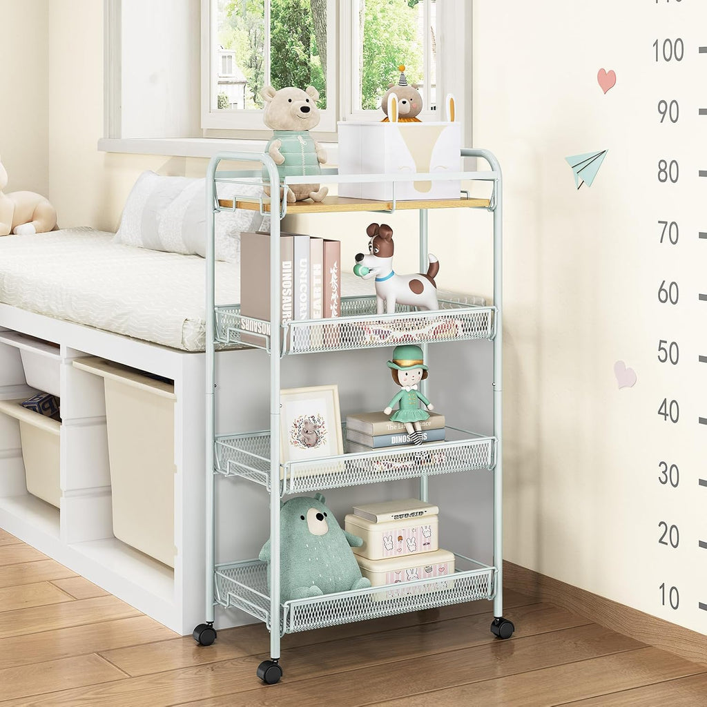 TOOLF 4-Tier Rolling Cart, Metal Utility Cart, Slide Out Storage Cart with Wooden Tabletop and Mesh Baskets for Narrow Space on Kitchen Bathroom Laundry Room Bedroom Apartments Dormitory (Green, Wide)