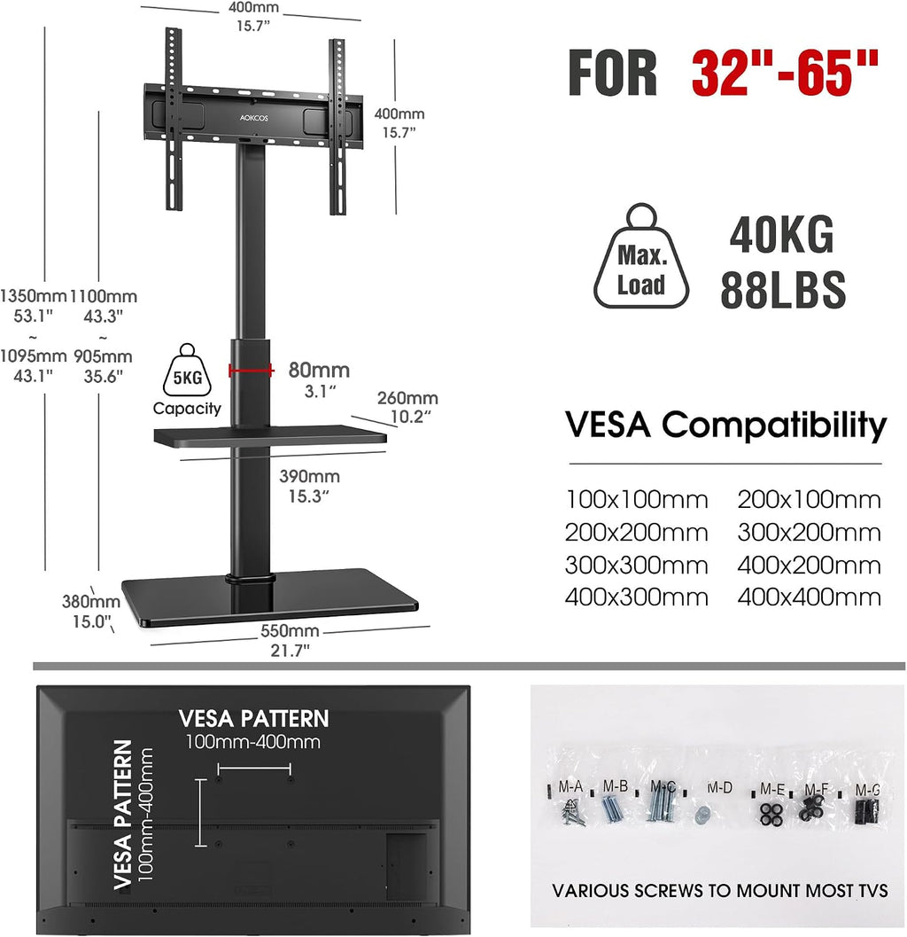 AOKCOS Floor TV Stand with 60-Degree Swivel, TV Floor Stand for 32-65 inch TVs up to 88lbs with Tilt, 8 Level Height Adjustable Tall TV Mount Stand with Shelf, Tempered Glass Base, MAX VESA 400x400mm