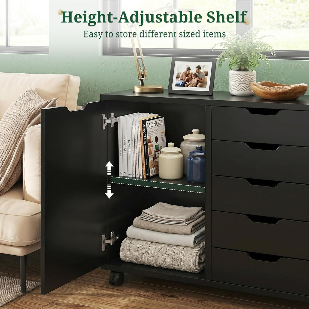 5 Drawer File Cabinet with Wheels, Rolling Office Storage Cabinet with Shelves and Door, Printer Stand with Drawers, Under Desk Filing Cabinet with Wood Board, Black