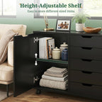 5 Drawer File Cabinet with Wheels, Rolling Office Storage Cabinet with Shelves and Door, Printer Stand with Drawers, Under Desk Filing Cabinet with Wood Board, Black