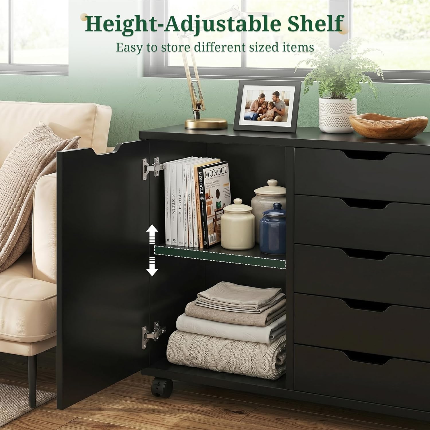 5 Drawer File Cabinet with Wheels, Rolling Office Storage Cabinet with Shelves and Door, Printer Stand with Drawers, Under Desk Filing Cabinet with Wood Board, Black