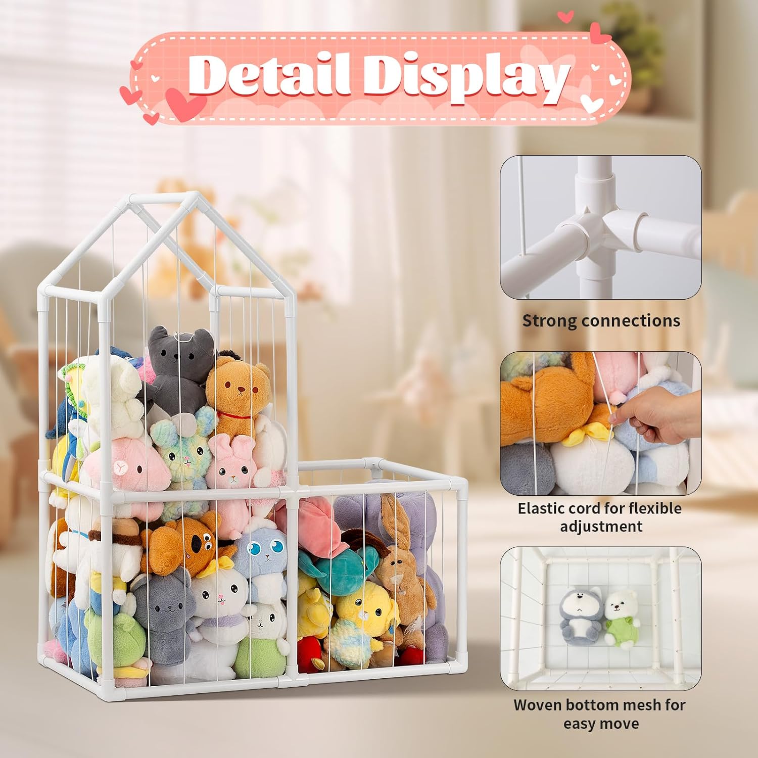 ROMAGIO Stuffed Animal Storage Zoo, Large PVC Plush Toy Organizer | Extra-large 2-tier space-saving design with durable kid-safe PVC frame. Easy assembly for playroom, nursery, and kids' room