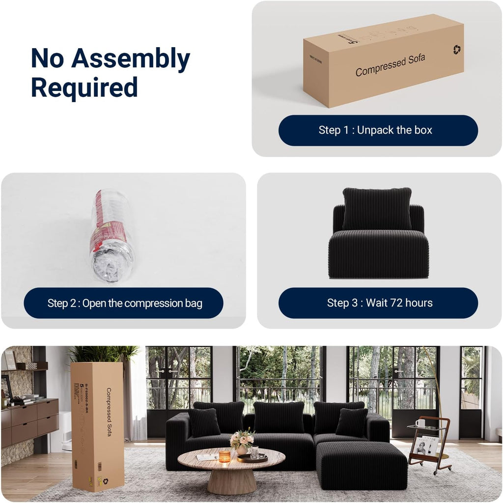 Avenco 106-inch L-Shaped Modular Sectional Sofa Couch with Ottoman | Individually Wrapped Coil Support & Corduroy Fabric, Zero Assembly 4-piece Set for Living Room, Black