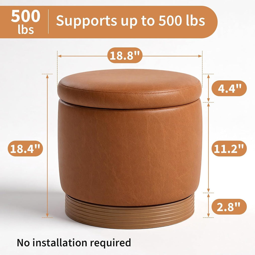 19" Round Swivel Storage Ottoman with Tray Top, Upholstered Faux Leather Foot Stool with Solid Acacia Wood Base 500 lbs Modern Accent Footrest for Living Room & Bedroom Fully Assembled Brown