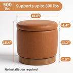 19" Round Swivel Storage Ottoman with Tray Top, Upholstered Faux Leather Foot Stool with Solid Acacia Wood Base 500 lbs Modern Accent Footrest for Living Room & Bedroom Fully Assembled Brown