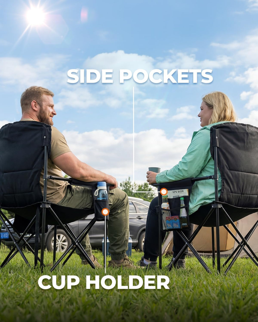 Sportneer Oversized Heavy Duty Camping Chair 500 LBS Capacity, Folding Portable Chair with Padded Seat, Strong Armrests for Easy Standing, Cup Holder & Side Storage Bag, Outdoor Camping Fishing Chair
