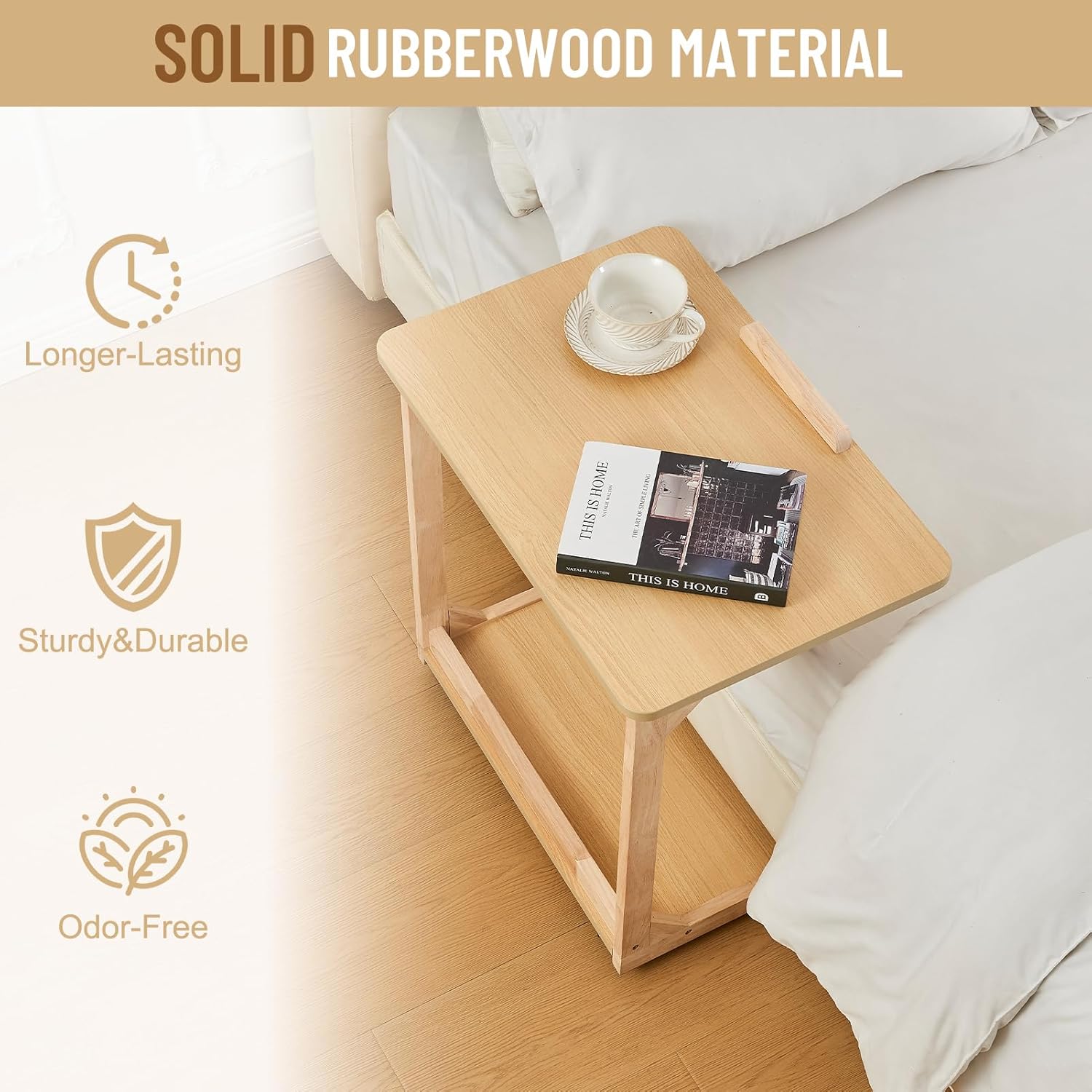 Uniclinens Rolling Side Table Desk Sofa - C Shape Couch End Table with Wheels, Mobile Wooden Slim Sofa Tray, Movable Small Couch Desk for Living Room Bedroom, Natural