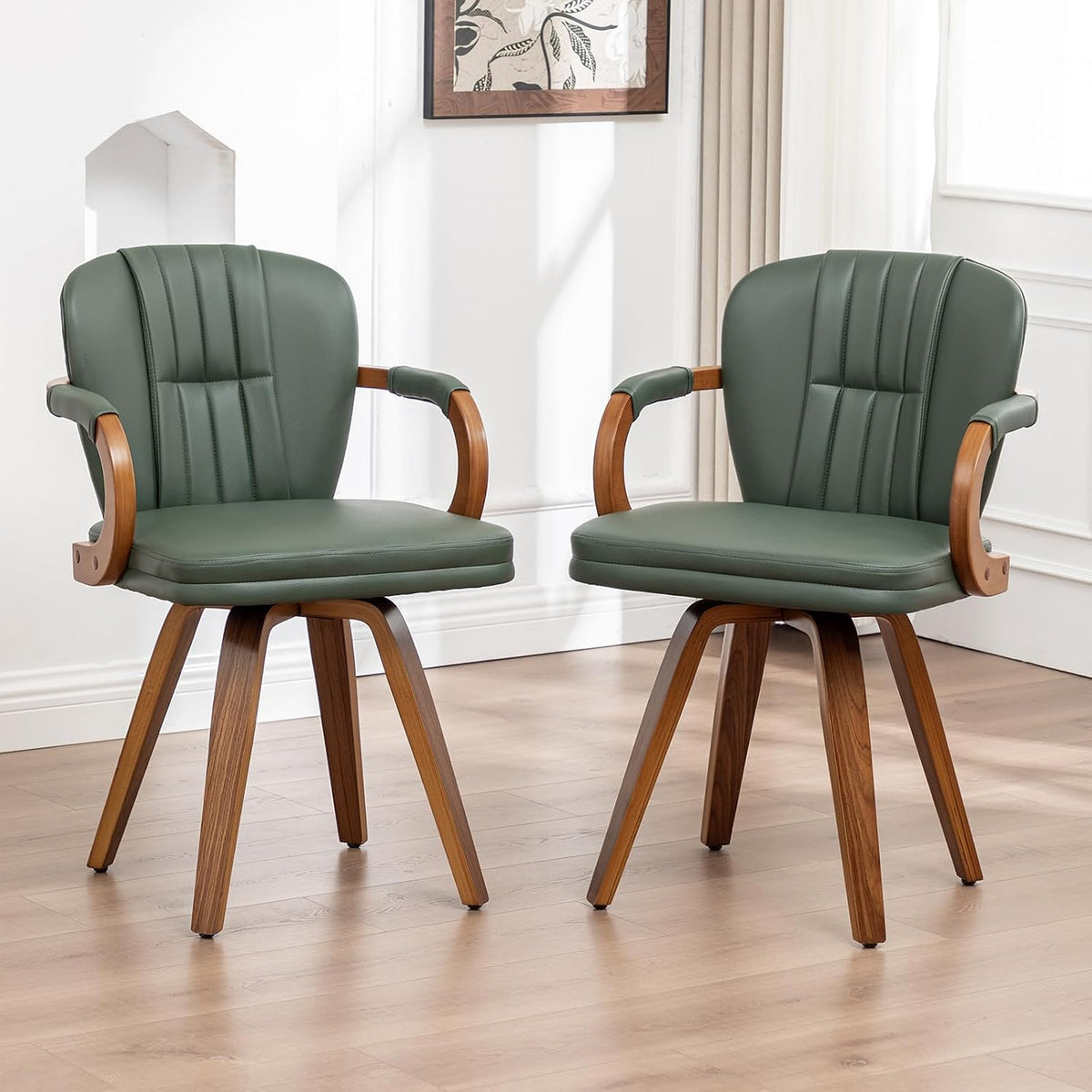 Swivel Dining Chairs Set of 2 Mid Century Modern Green Faux Leather Upholstered Kitchen Chairs with Bentwood Frame Armrests Side Chairs,Comfortable Ergonomic Wood Accent Chair No Wheels