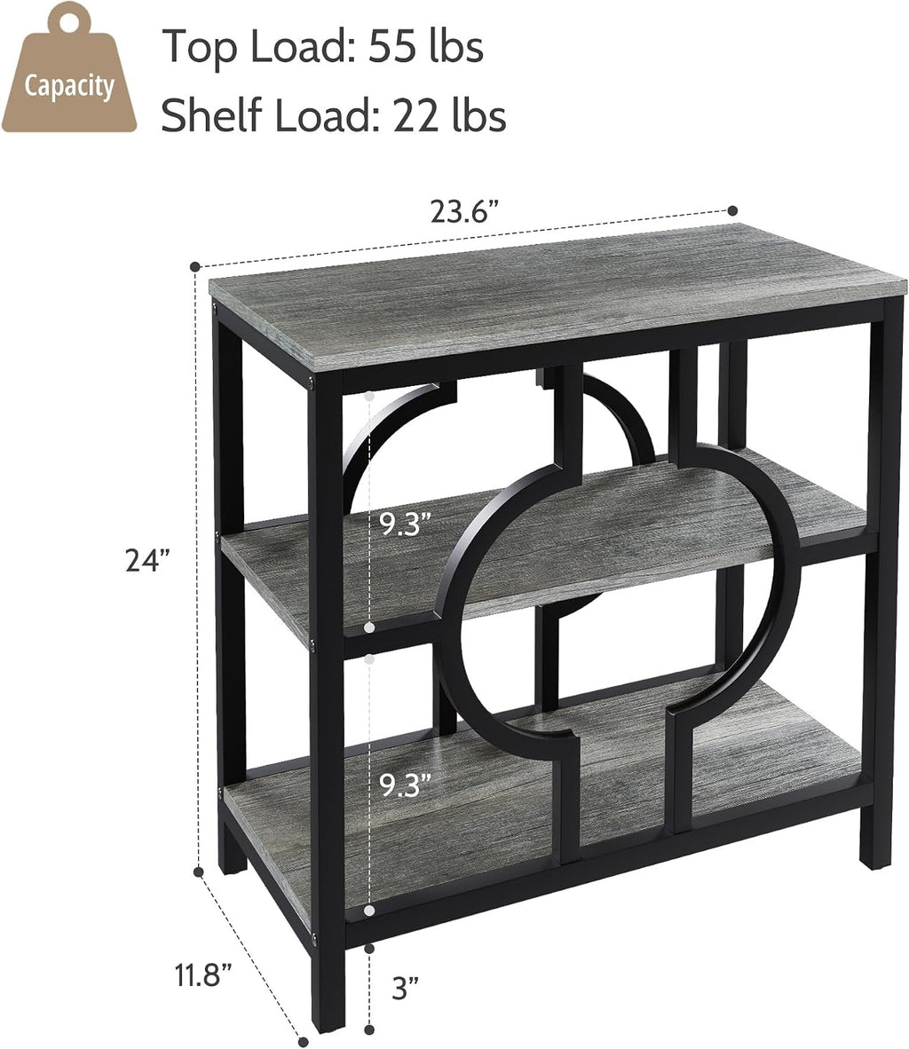 End Table, Narrow Side Table with 3-Tier Storage Shelves, Wood Sofa Side Table with Geometric Metal Frame for Living Room, Industrial Bedside Nightstand for Bedroom (1, Gray)