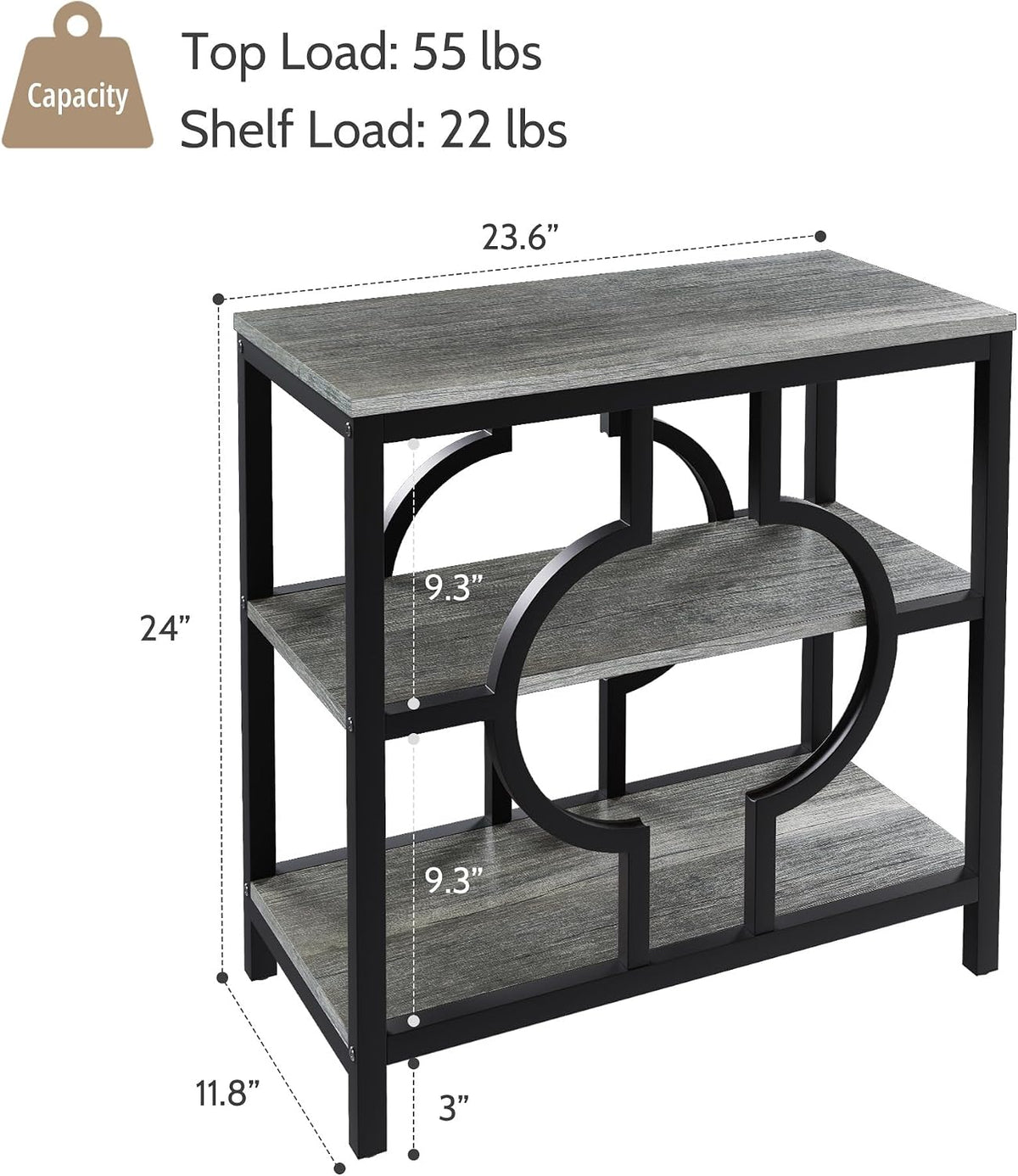End Table, Narrow Side Table with 3-Tier Storage Shelves, Wood Sofa Side Table with Geometric Metal Frame for Living Room, Industrial Bedside Nightstand for Bedroom (1, Gray)
