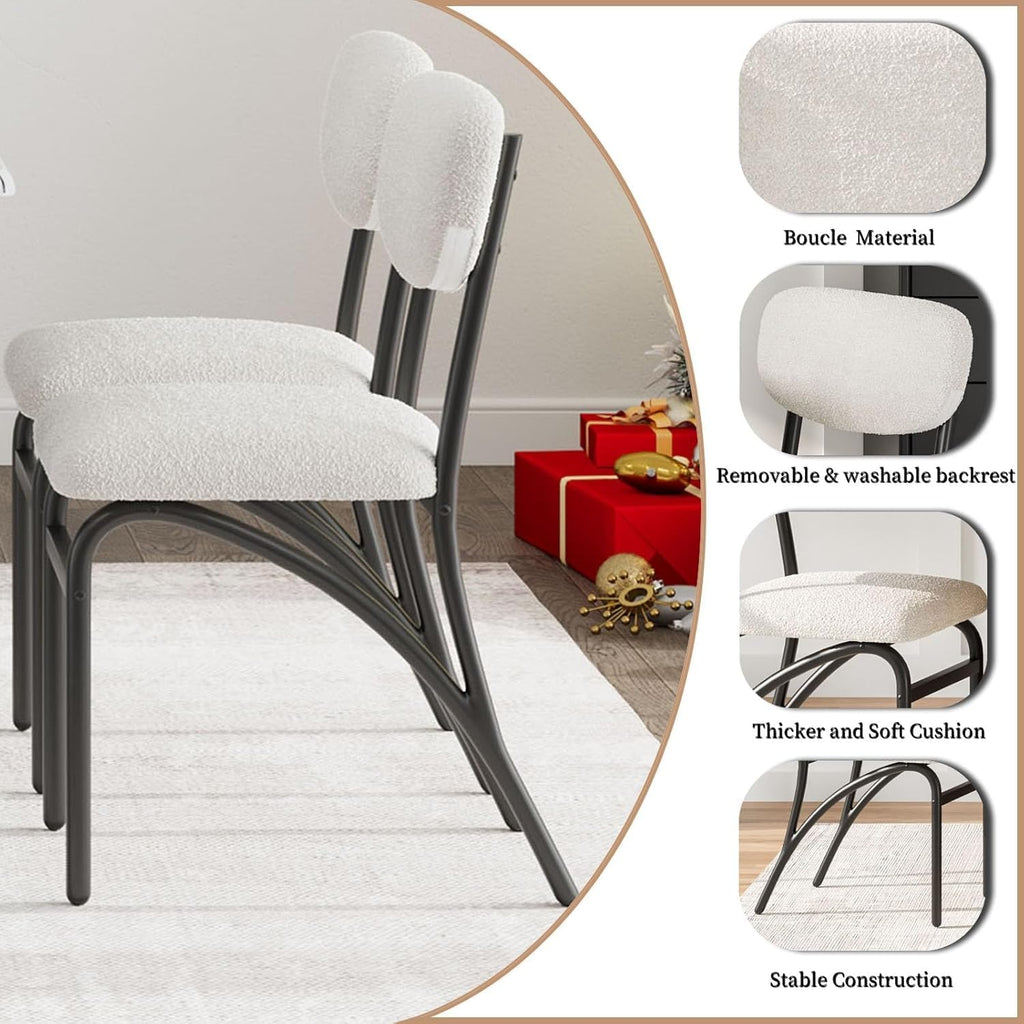 5-Piece Dining Table Set for 4, Modern Kitchen Table with 4 Boucle Chairs, Rectangular Dining Table with Storage Shelf & Marble Tabletop, Beige Home Dining Furniture for Small Space, Black+Beige