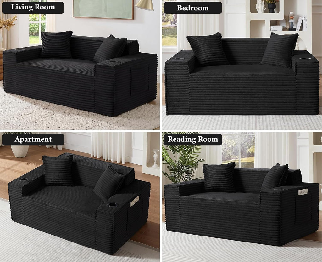 61” Loveseat Sofa, Comfy Corduroy Couch with Cup Holders & Storage Pockets, Deep Seat 2-Seater Cloud Couches for Small Space Living Room No Assembly Required, Black