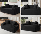 61” Loveseat Sofa, Comfy Corduroy Couch with Cup Holders & Storage Pockets, Deep Seat 2-Seater Cloud Couches for Small Space Living Room No Assembly Required, Black