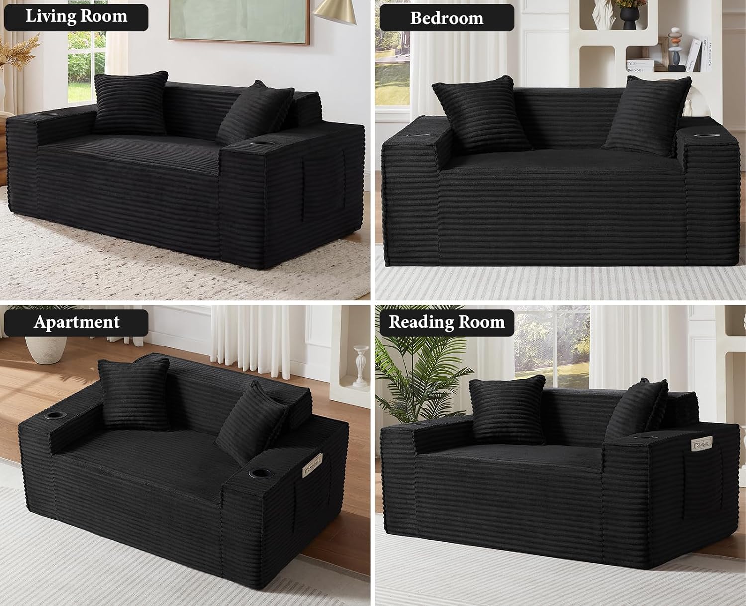 61” Loveseat Sofa, Comfy Corduroy Couch with Cup Holders & Storage Pockets, Deep Seat 2-Seater Cloud Couches for Small Space Living Room No Assembly Required, Black