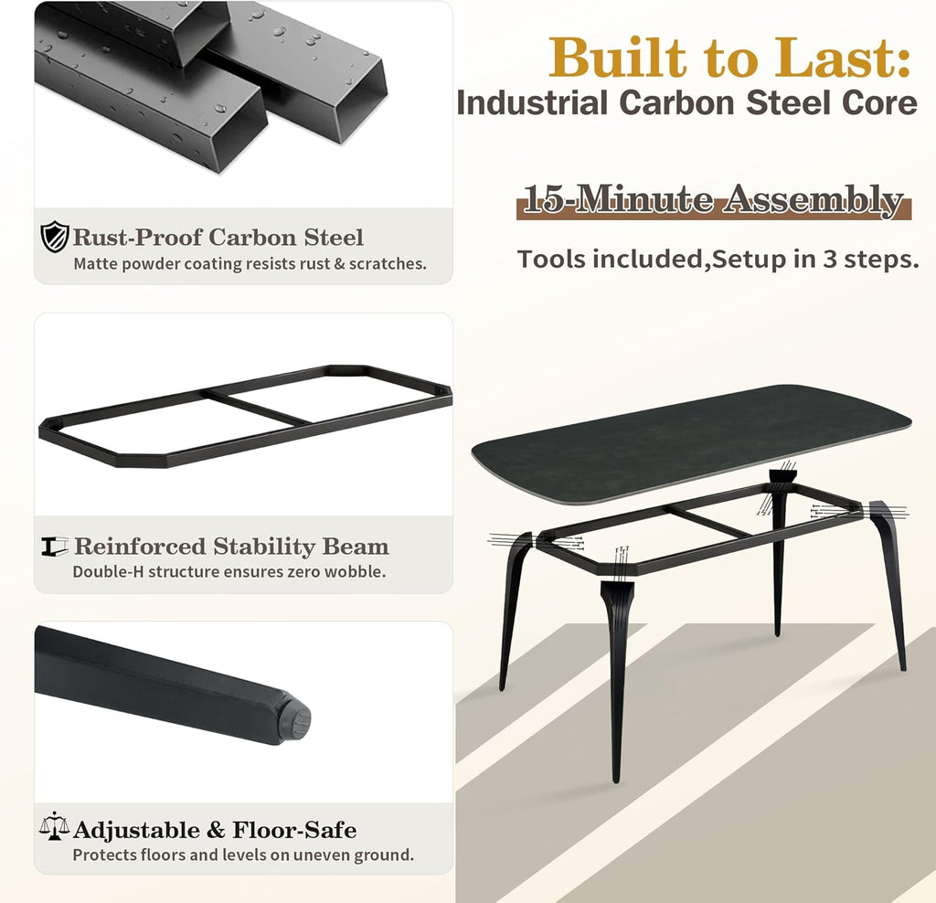 Modern Dining Table Set for 4, 63 inch Sintered Stone Kitchen Table and Chairs,Rectangular Dining Table Set of 4 with PU Leather Chair, 5 Piece Dining Room Table Set for Kitchen, Office, Apartment