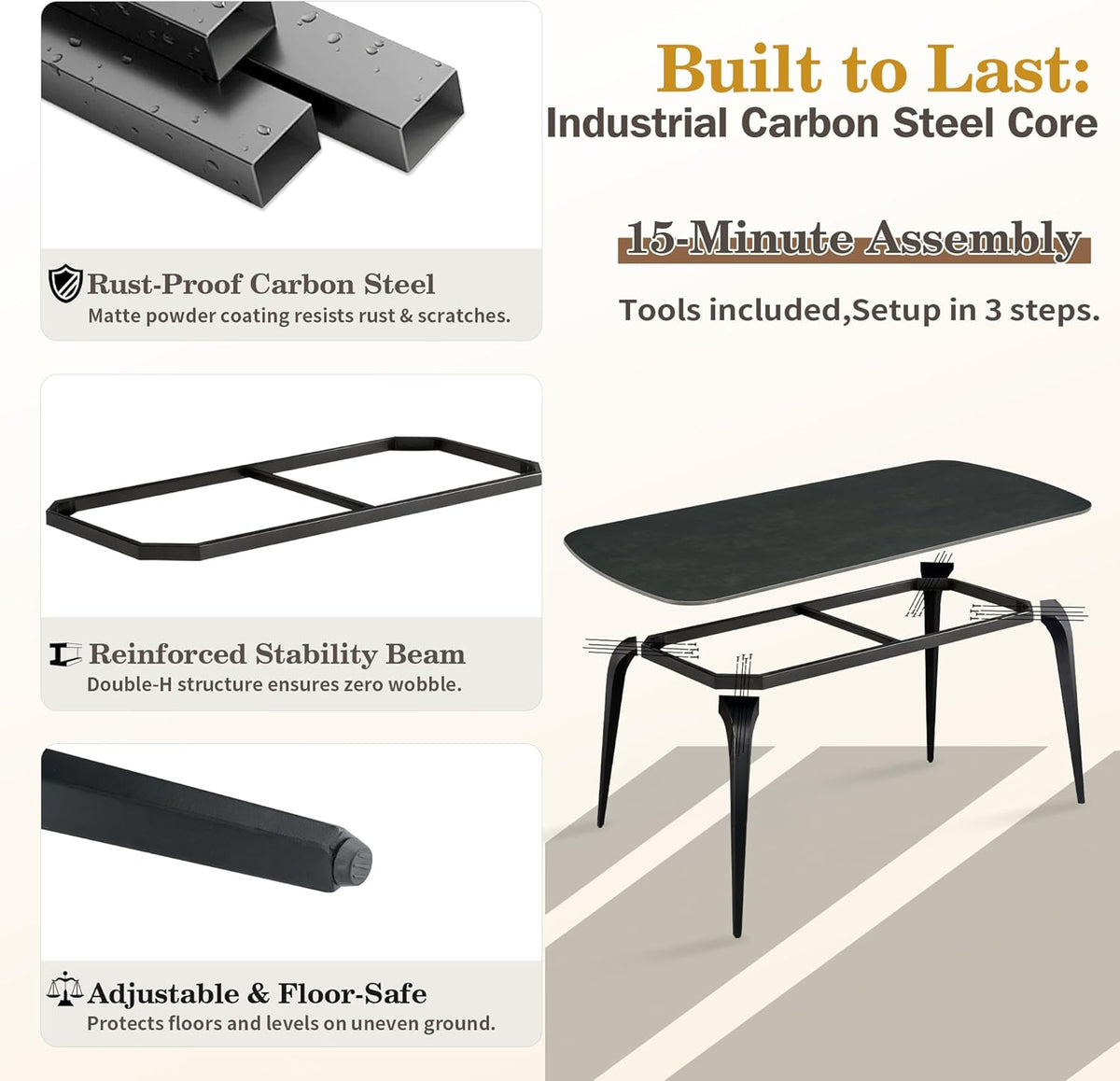 Modern Dining Table Set for 4, 63 inch Sintered Stone Kitchen Table and Chairs,Rectangular Dining Table Set of 4 with PU Leather Chair, 5 Piece Dining Room Table Set for Kitchen, Office, Apartment