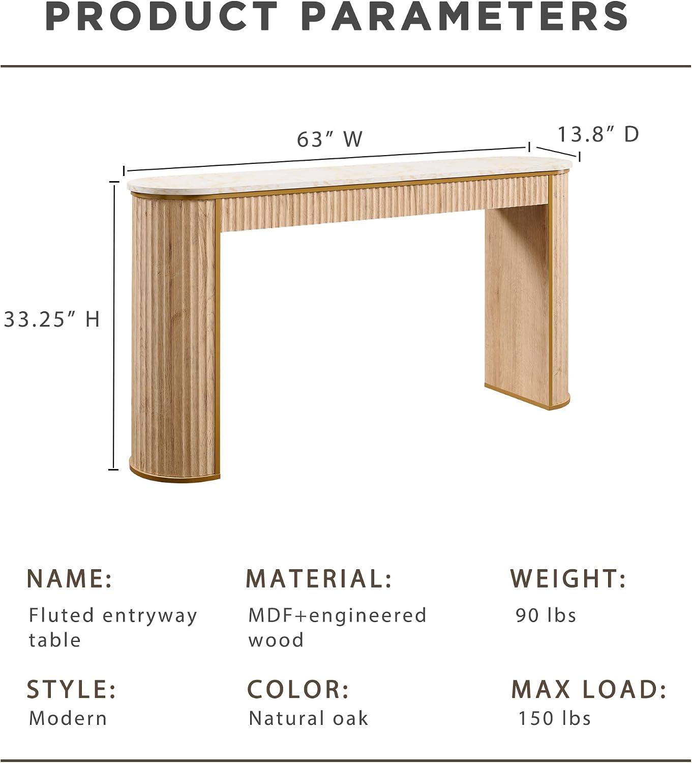 OKD 63-Inch Fluted Console Table, Narrow Entryway Table, Natural Oak