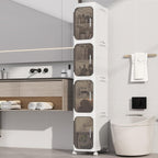 4 Tier Slim Bathroom Storage Cabinet, Foldable and Movable, White | Tools Free, ABS and PET, Magnetic Clear Door, Adjustable Shelves, Lockable Wheels, Water Resistant, For Narrow Space