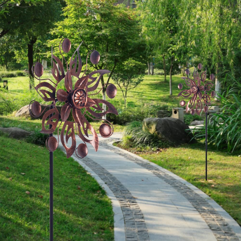 VEWOGARDEN 2PCS Outdoor Wind Spinner,Metal Wind Spinners Yard Decor Pinwheel,Copper Wind Sculptures & Spinners for for Garden, Patio, Lawn(10" Dia * 37" H)