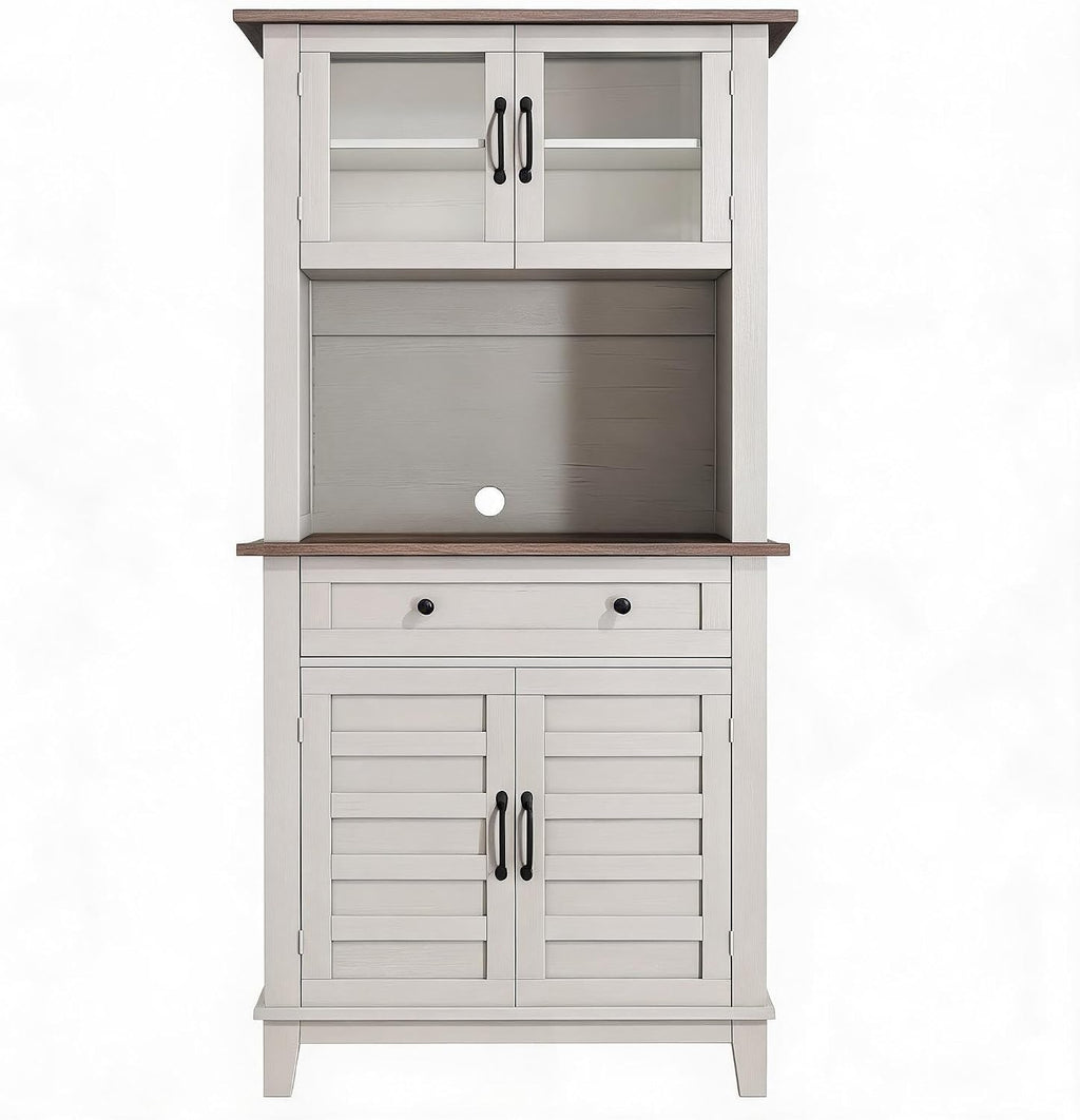 IDEALHOUSE Modern 72-Inch Freestanding Pantry Cabinet – Buffet Hutch with Adjustable Shelves, Large Drawer, Glass & Wooden Doors, Open Storage – Brown & White Contrast – Perfect for Dining Room,