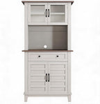 IDEALHOUSE Modern 72-Inch Freestanding Pantry Cabinet – Buffet Hutch with Adjustable Shelves, Large Drawer, Glass & Wooden Doors, Open Storage – Brown & White Contrast – Perfect for Dining Room,