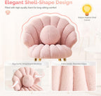 VINGLI Shell-Shaped Teddy Fleece Accent Vanity Chair with Back,Comfy Pink and Gold Desk Chair No Wheels,Cute Small Pearl Deco Pillow,Gift for Girls/Women,for Makeup,Office,Dining,Nail,Sewing,Bedroom