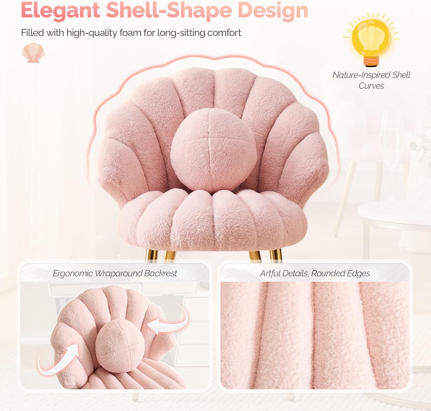 VINGLI Shell-Shaped Teddy Fleece Accent Vanity Chair with Back,Comfy Pink and Gold Desk Chair No Wheels,Cute Small Pearl Deco Pillow,Gift for Girls/Women,for Makeup,Office,Dining,Nail,Sewing,Bedroom
