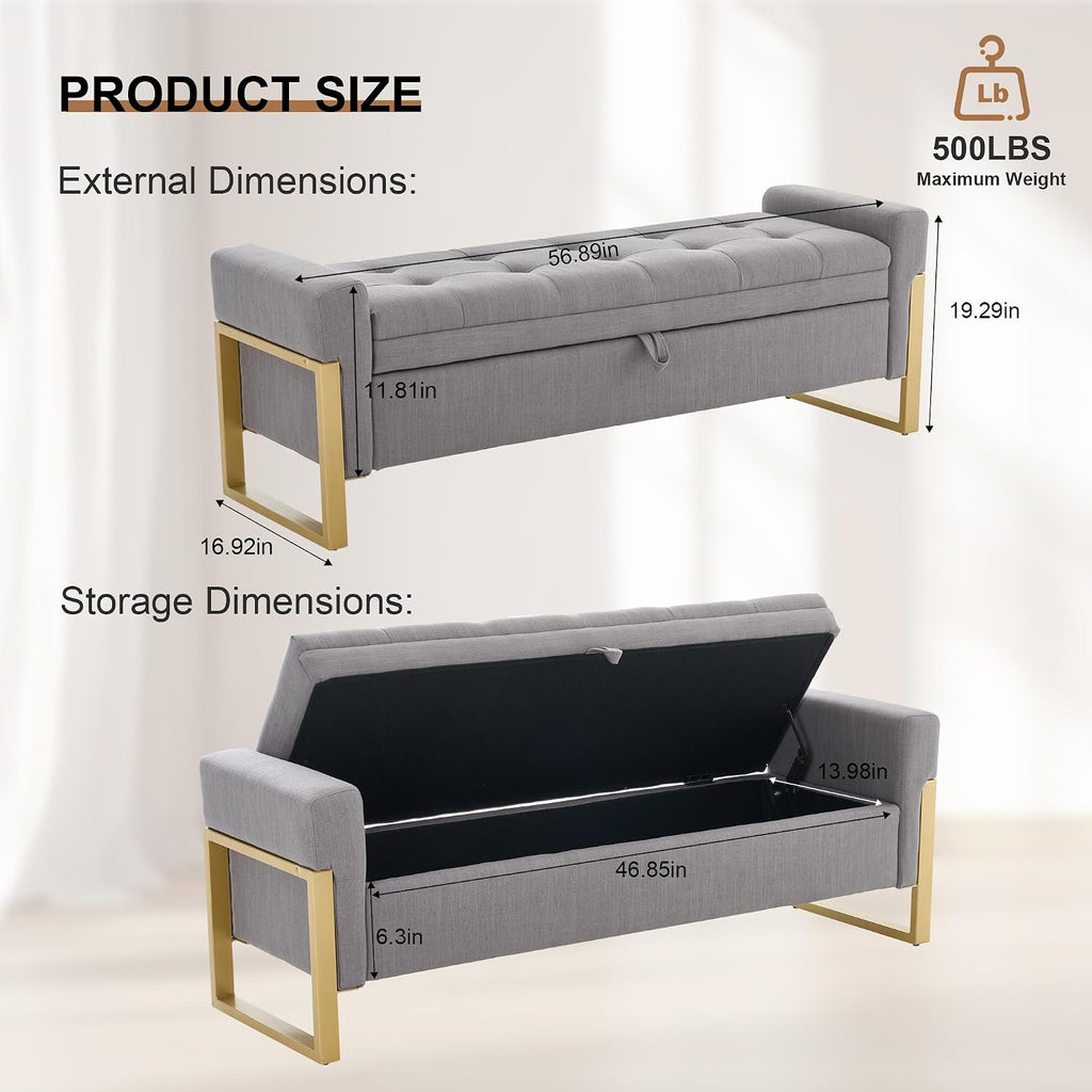 57" Storage Ottoman Bench，Upholstered Linen End of Bed Bench Entryway Storage Bench for Living Room,Light Grey