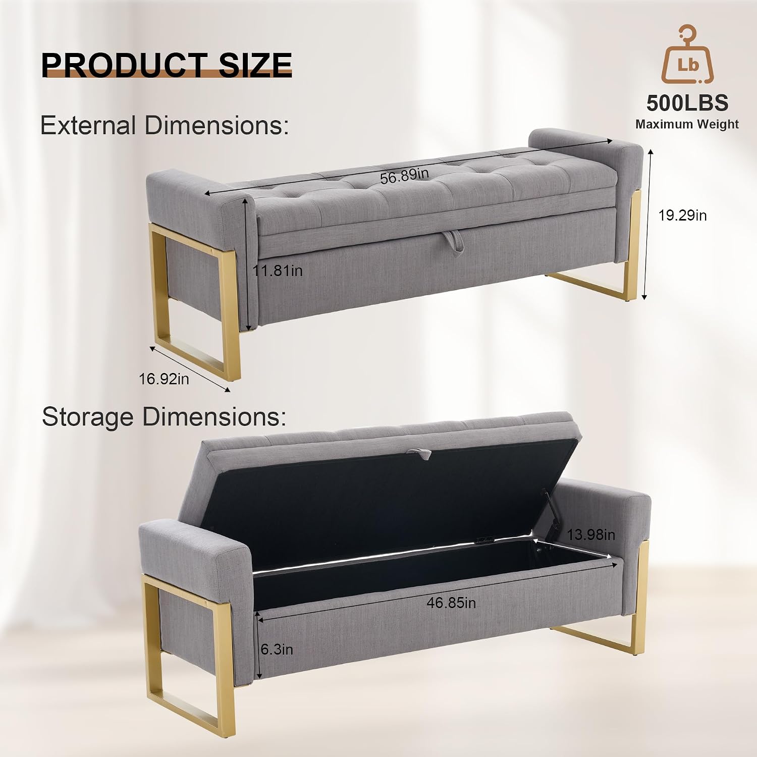 57" Storage Ottoman Bench，Upholstered Linen End of Bed Bench Entryway Storage Bench for Living Room,Light Grey