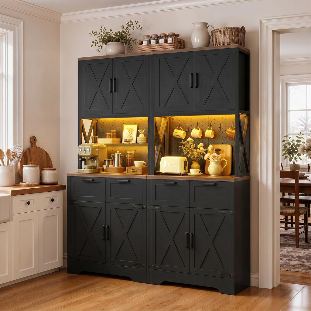 Unikito 71" Tall Kitchen Pantry Storage Cabinet with LED Light, Black | 63" Wide, Microwave Countertop, Power Charging Station, Large Hutch Cabinet with Drawers, Home Unit for Dining Room