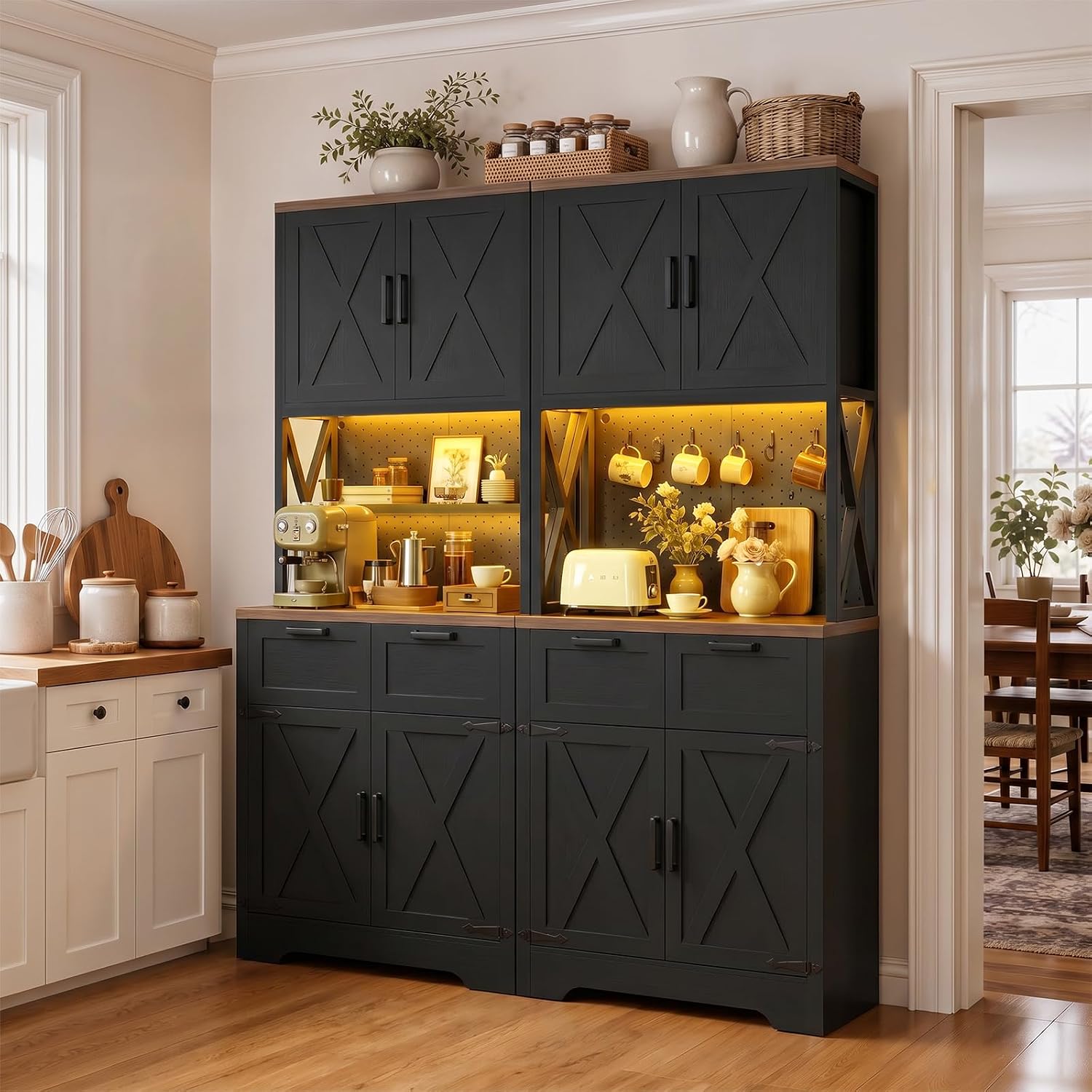 Unikito 71" Tall Kitchen Pantry Storage Cabinet with LED Light, Black | 63" Wide, Microwave Countertop, Power Charging Station, Large Hutch Cabinet with Drawers, Home Unit for Dining Room
