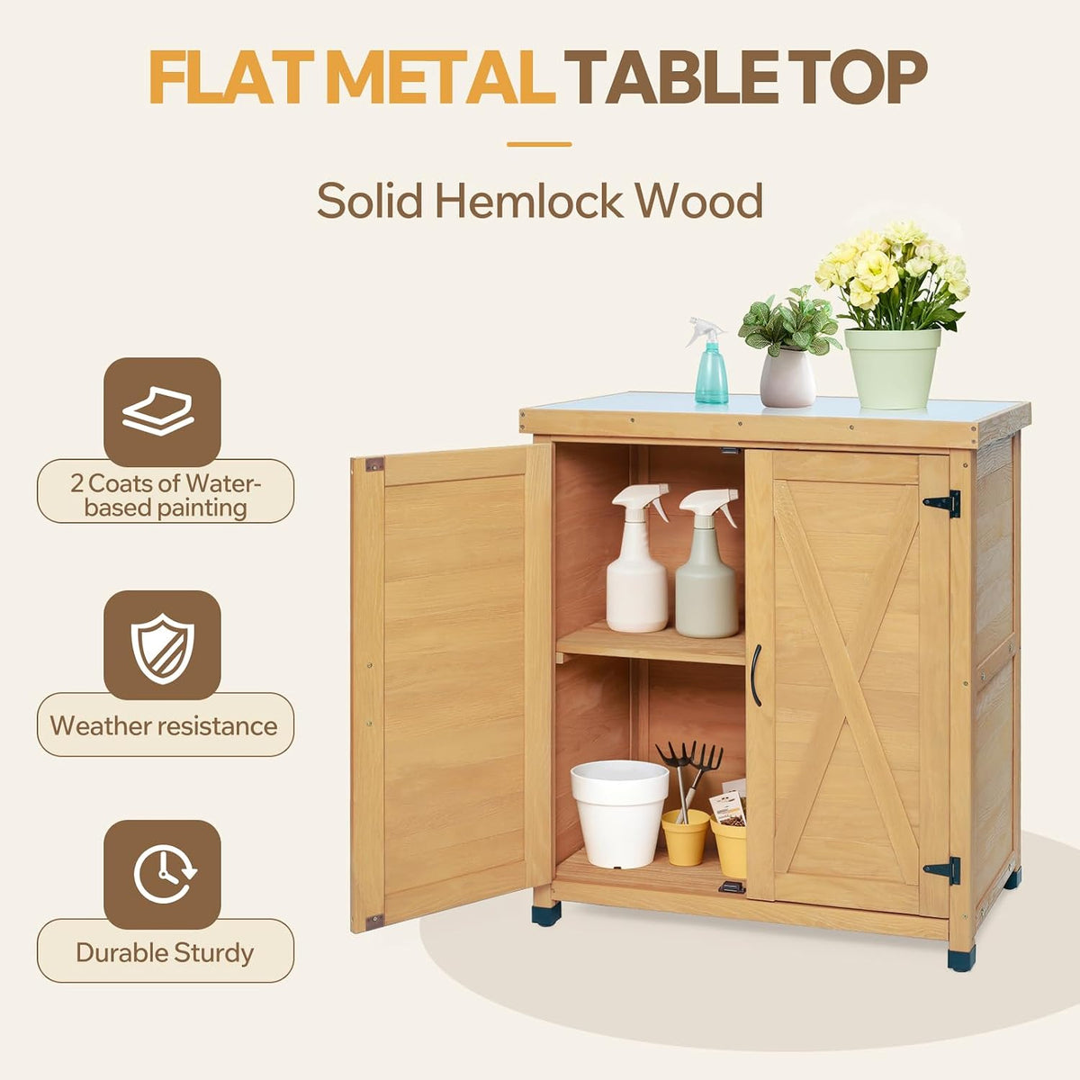 31" Weatherproof Small Storage Cabinet, Storage Cabinets with X-Shape Sturdy Design, Tool Cabinet with Magnetic Door for Patio and Garage, Light Brown