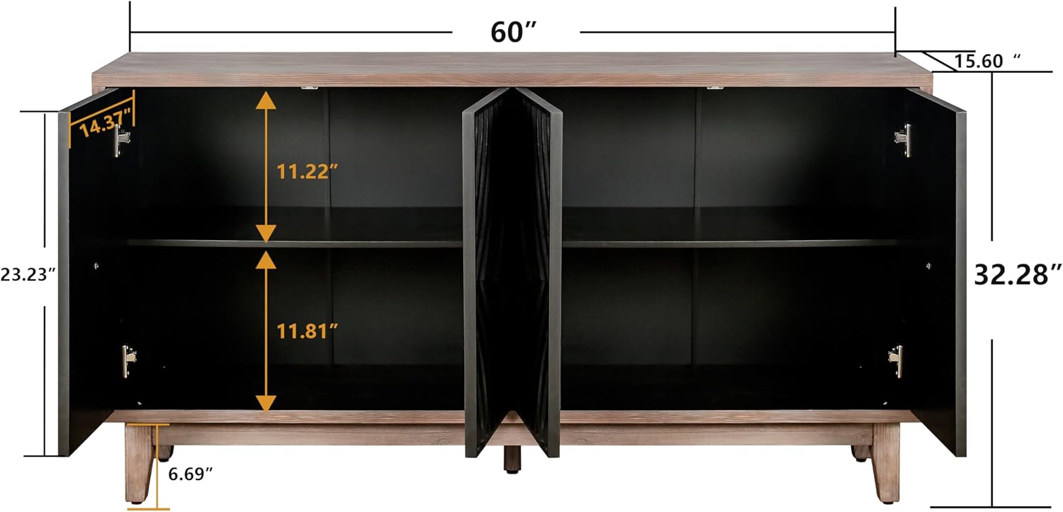 60 Inches Black Large Farmhouse Sideboard Buffet with Storage, Retro Credenza Console Table with Adjustable Shelves for Kitchen, Dining Room, Living Room, Entryway, Antique Black
