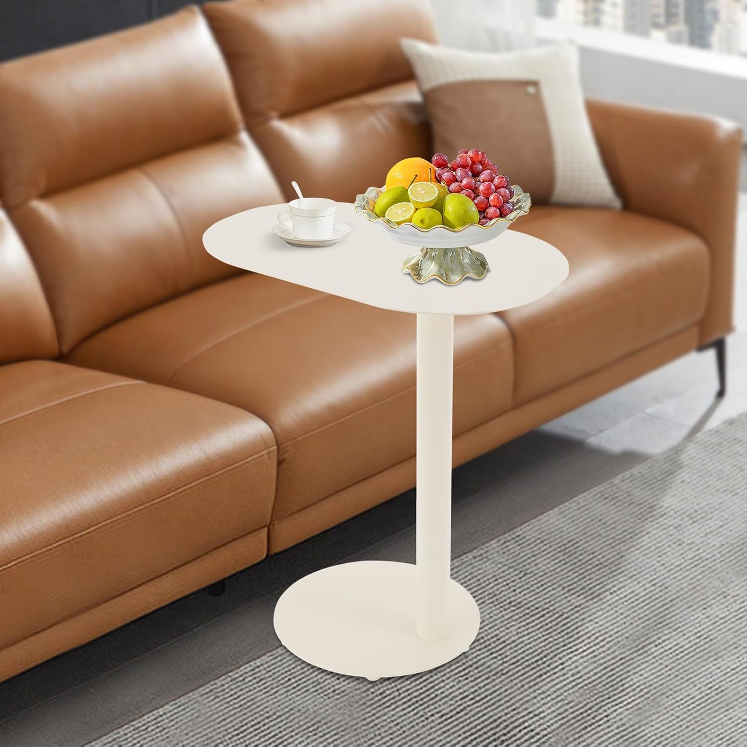 C-Shaped Side Table, Metal Coffee and Bedside Table, Small Cream White End Table for Couch Sofa and Bed, Living Room, Bedroom, and Office Use, 20" x 14" x 25"