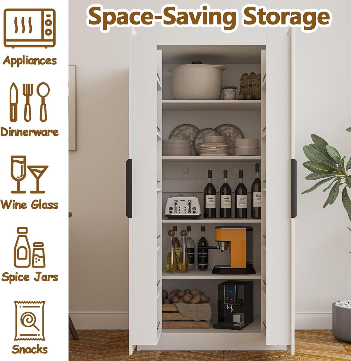 63” Tall Kitchen Pantry Cabinet, Pantry Storage Cabinet with Doors & Shelves, Freestanding Storage Cupboard for Dining Room Living Room, Wooden Structure, Easy Assembly (White)