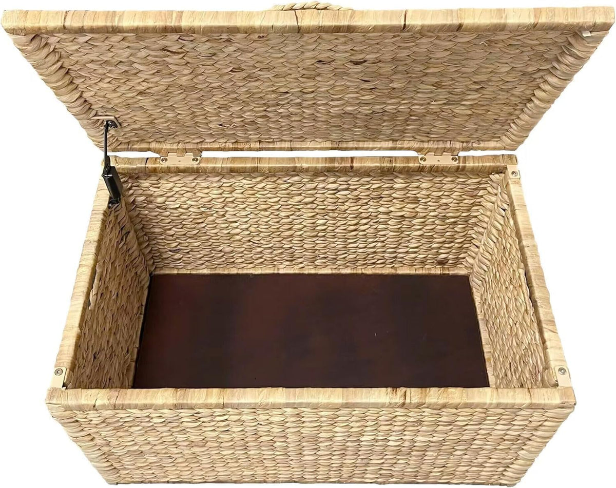 eHemco Water Hyacinth Wicker Storage Trunk, Natural, 30x17.5x17.5 Inches | Safety Hinge, Metal Frame, Decorative Blanket Chest & Storage Box, Farmhouse Woven Storage, For Living Room & Entryway