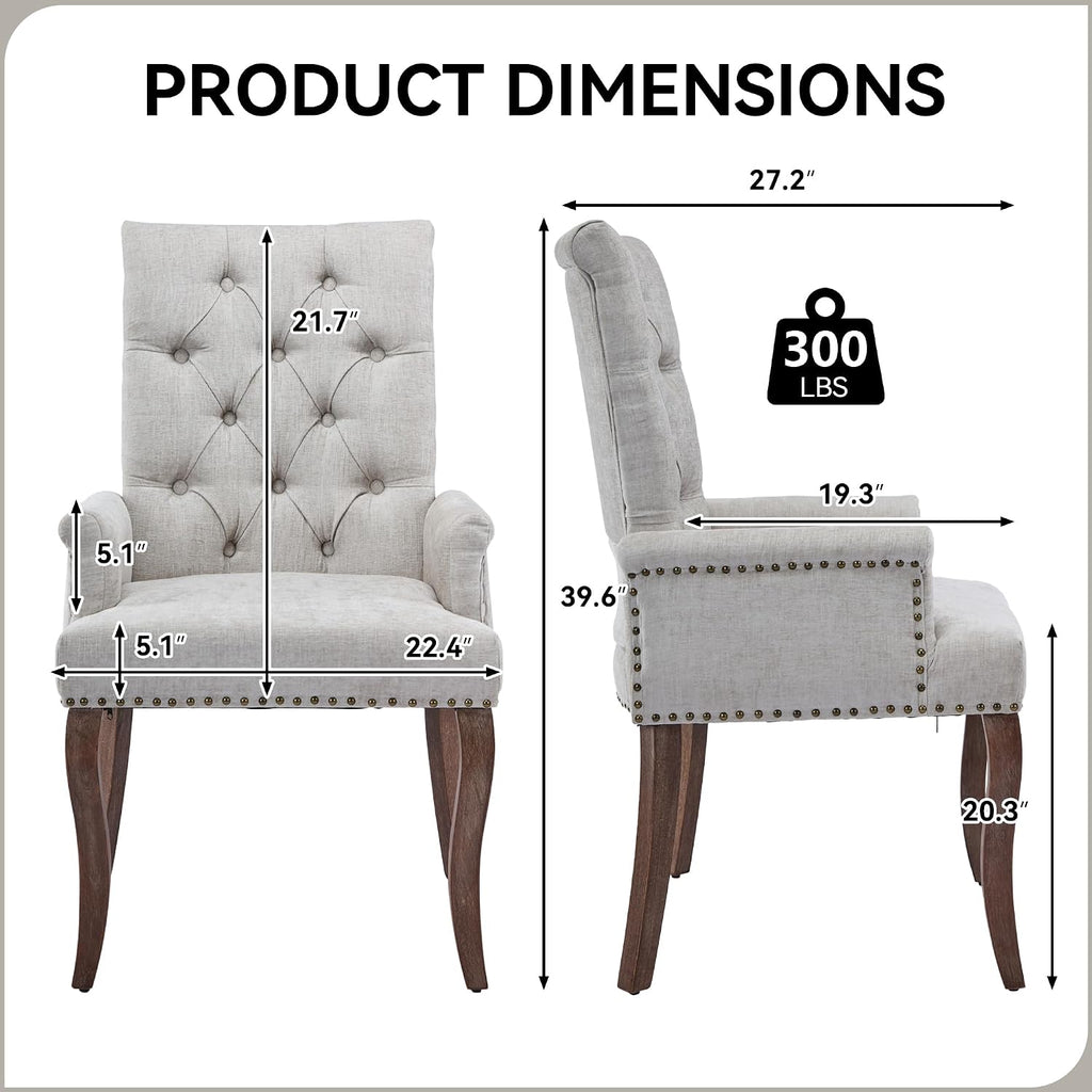 Farmhouse Upholstered Dining Chair Set of 2 with Arms & Nailhead Trim, Tufted Chenille Kitchen Chairs with Solid Wood Legs, Accent Chair for Dining Room, Living Room & Bedroom, Beige