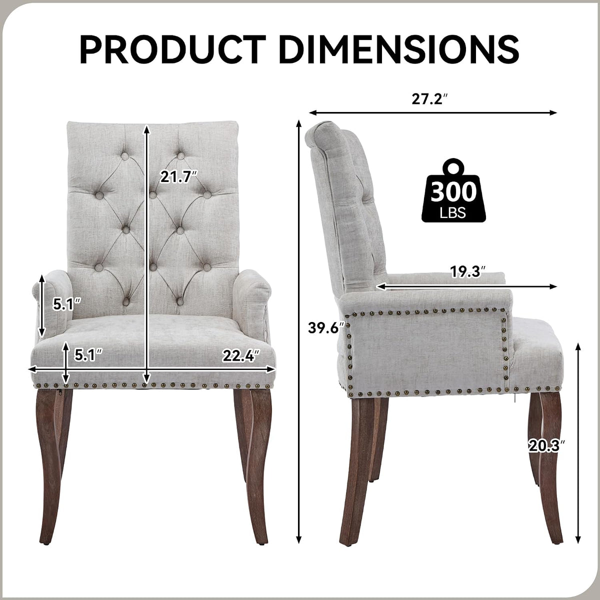 Farmhouse Upholstered Dining Chair Set of 2 with Arms & Nailhead Trim, Tufted Chenille Kitchen Chairs with Solid Wood Legs, Accent Chair for Dining Room, Living Room & Bedroom, Beige