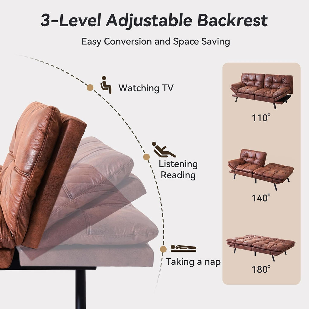 71" Convertible Futon Sofa Bed,Brown Faux Leather Futon Couch,Memory Foam Reclining Sleeper Sofa Bed,Modern Folding Small Loveseat Couches for Living Room,Office,Apartment