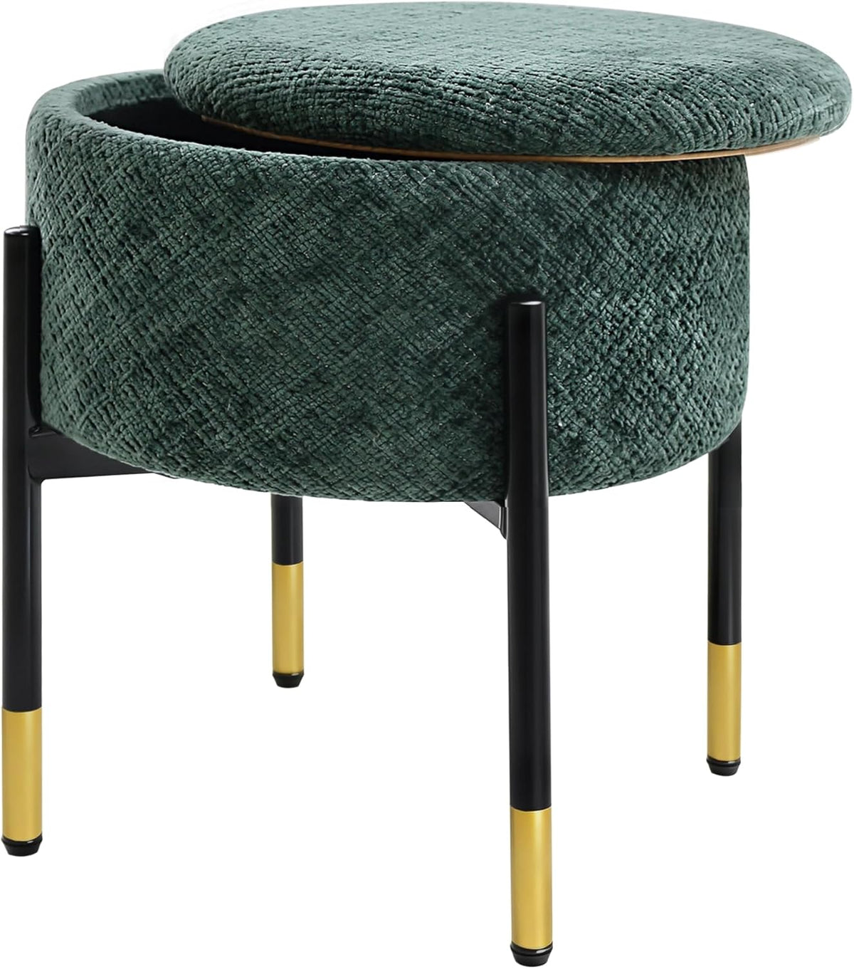 CAROLMADE Round Ottoman with Storage, Velvet Makeup Vanity Stool, Small Ottoman Foot Stool with Coffee Table and Metal Legs for Living Room, Bedroom and Dorm, Green