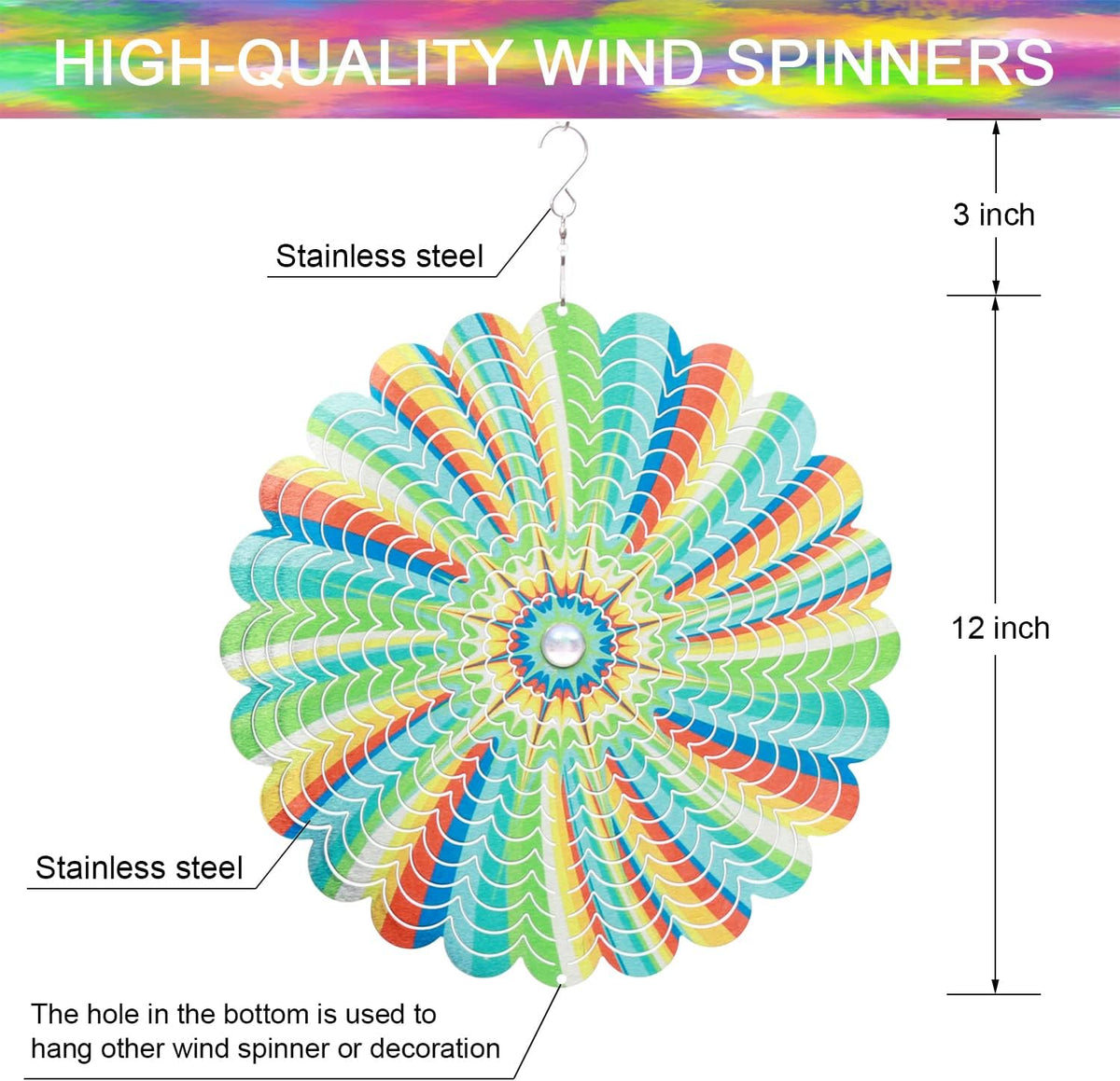 SPRING SONG Rainbow Mandala Kinetic Wind Spinner for Yard and Garden Stainless Steel Spinner Indoor and Outdoor Hanging Decor Crafts Ornaments Kinetic Art Spinner Hanging Wind Spinners Decor Gifts