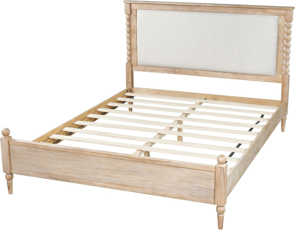 Merax Queen Size Solid Wood Platform Bed Frame, Upholstered Headboard & Classic Spindle & with Fabric Panel, No Box Spring Needed, 500 lbs Capacity Timeless Traditional for Bedroom, Natural
