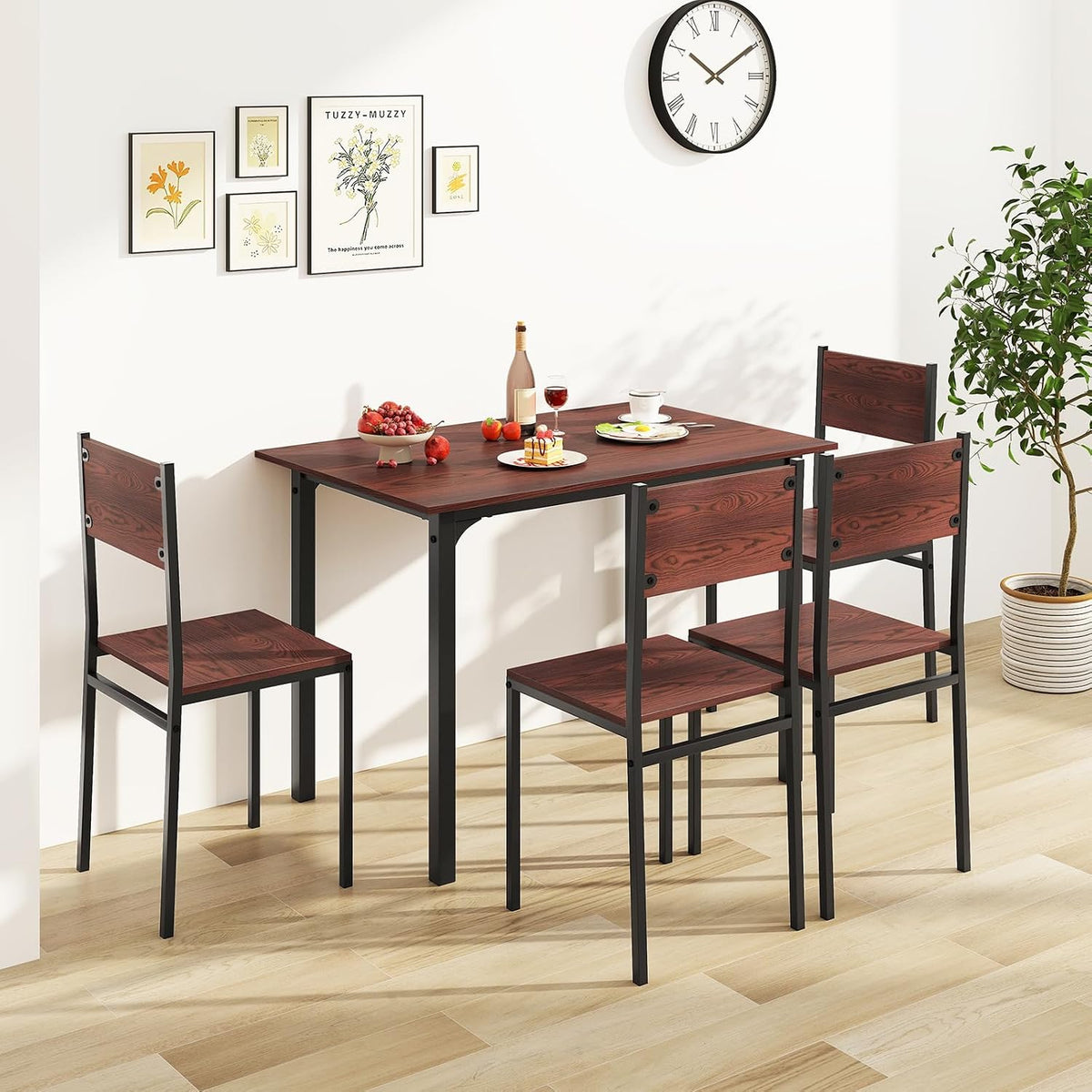 Giantex Dining Table Set for 4, 5-Piece Modern Kitchen Table and Chairs with Metal Frame & Adjustable Foot Pads, Space Saving Wood Dinette Set for Small Space, Breakfast Nook, Apartment (Walnut)