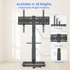 Afaloona Rolling TV Stand with Power Outlet for 32-75" TV, Max Load 110 lbs | Mobile TV cart with 18 height adjustments, ±30° swivel, media shelf and Max VESA 600×400mm for living room office and outdoor