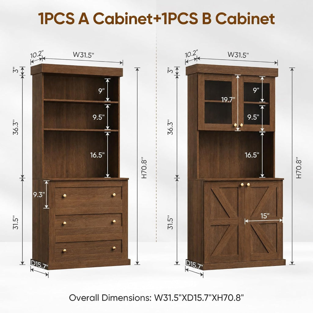 71" Farmhouse Kitchen Pantry Cabinet with Glass Doors & Drawers, Set of 3 – Dark Brown Freestanding Coffee Bar Hutch with Adjustable Shelves, Large Storage Cabinet with Microwave Stand for Kitchen