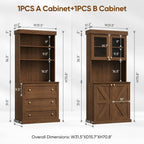 71" Farmhouse Kitchen Pantry Cabinet with Glass Doors & Drawers, Set of 3 – Dark Brown Freestanding Coffee Bar Hutch with Adjustable Shelves, Large Storage Cabinet with Microwave Stand for Kitchen