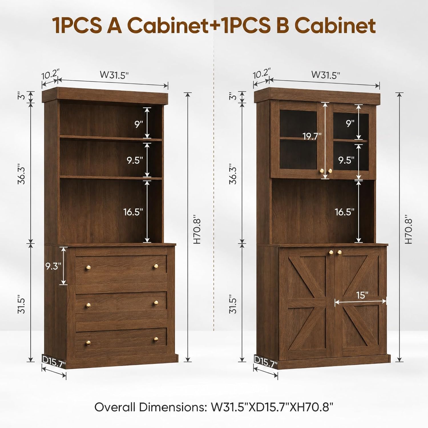 71" Farmhouse Kitchen Pantry Cabinet with Glass Doors & Drawers, Set of 3 – Dark Brown Freestanding Coffee Bar Hutch with Adjustable Shelves, Large Storage Cabinet with Microwave Stand for Kitchen