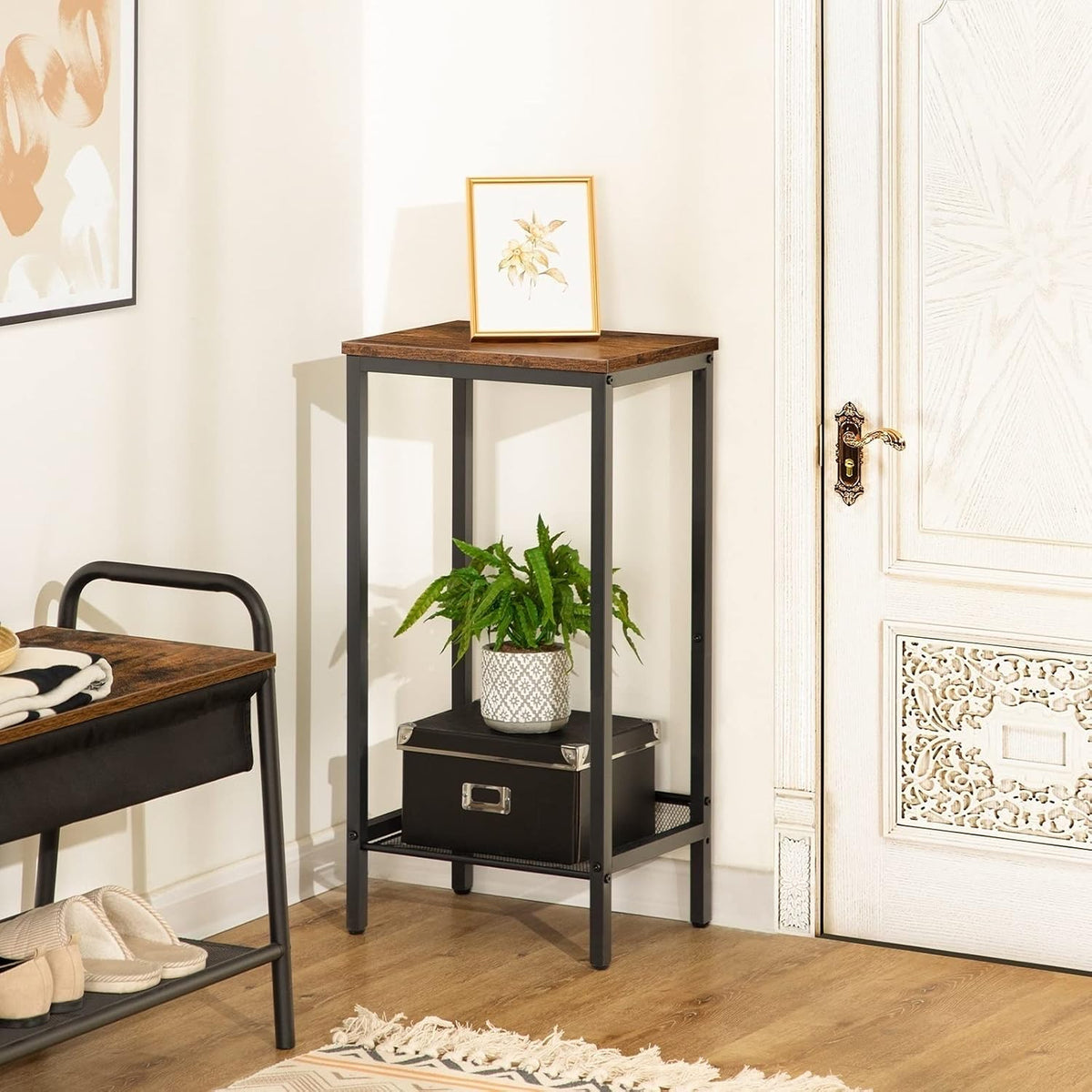 Bedroom Table Telephone Table High Sofa Side Table with Adjustable Mesh Shelf Narrow Bedside Table for Office Hallway Living Room Brown