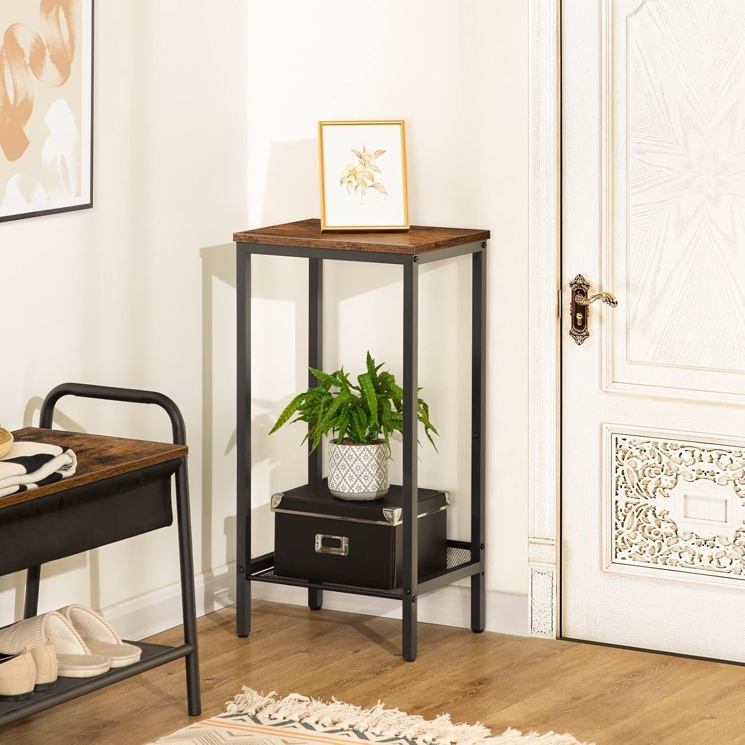 Telephone Table High Sofa Side Table with Adjustable Mesh Shelf Narrow Bedside Table for Office Hallway Living Room Brown