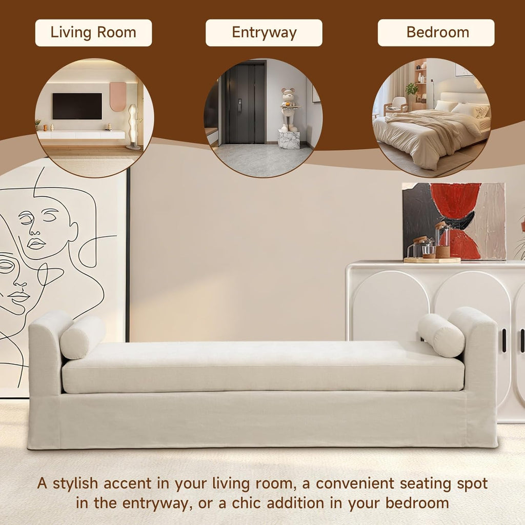 Chifee & Vingol 88.6" W Oversized Chaise Lounge Upholstered Bedroom Benches Extra-Long Indoor Bench Entryway Bench with Removable Pillows for Living Room Hallway,Beige